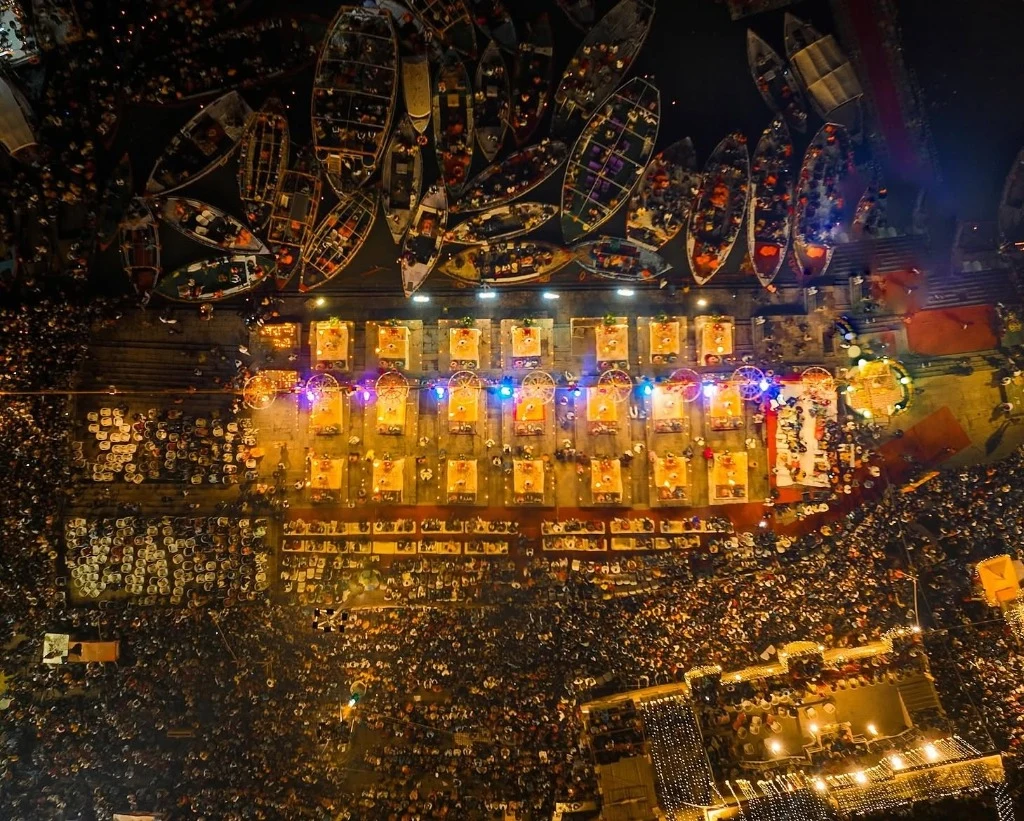 Illuminated ghats and decorated boats during Dev Deepawali in Varanasi